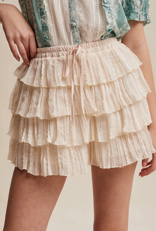 Ecru Embroidered Tiered Pleated Skort