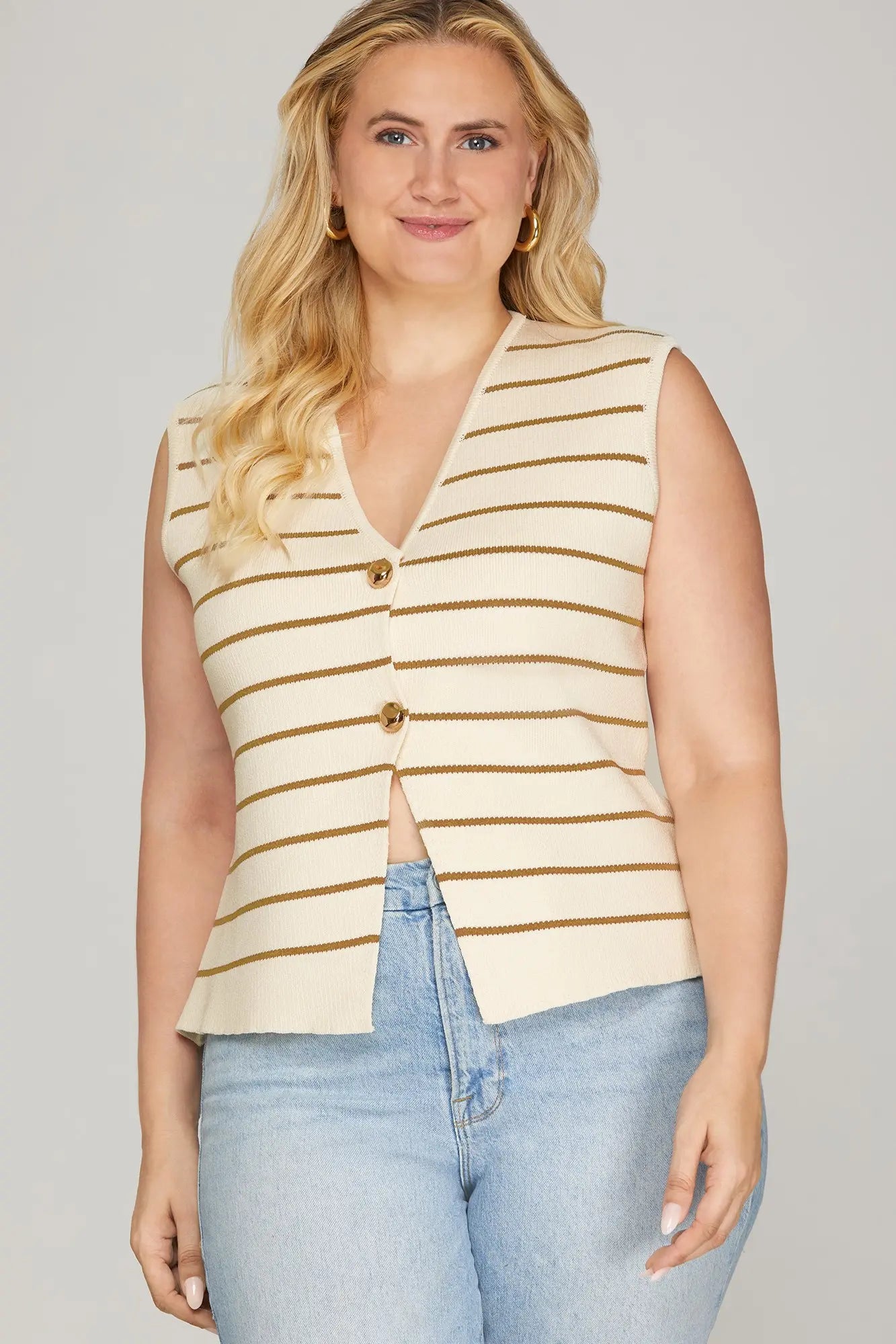 Taupe Striped Sleeveless Button Down Vest Top