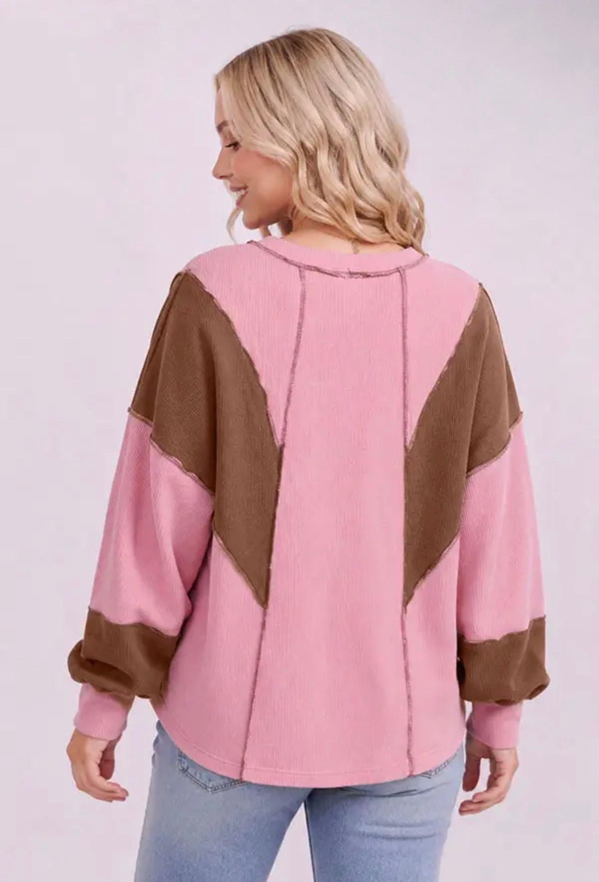 Pink + Brown Ribbed Colorblock Long Sleeve