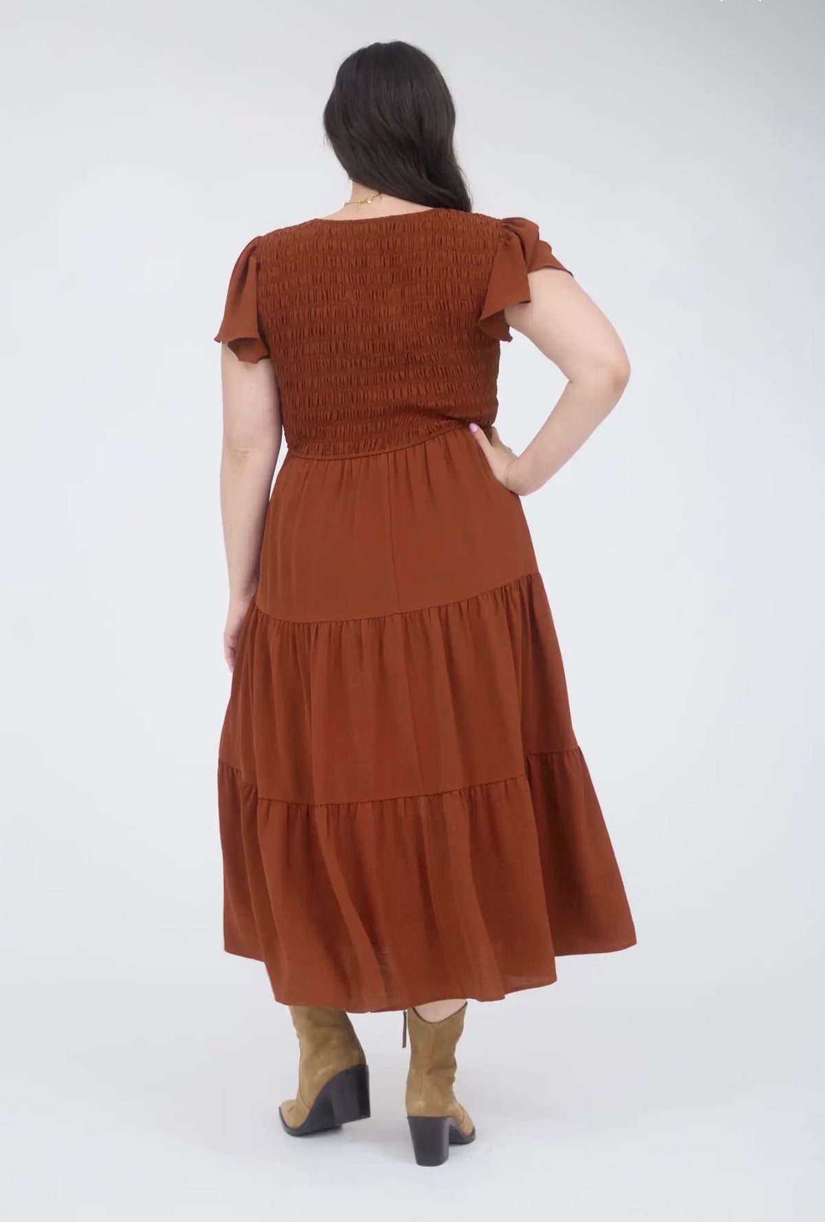 Chili Smocked Flutter Sleeve Midi Dress