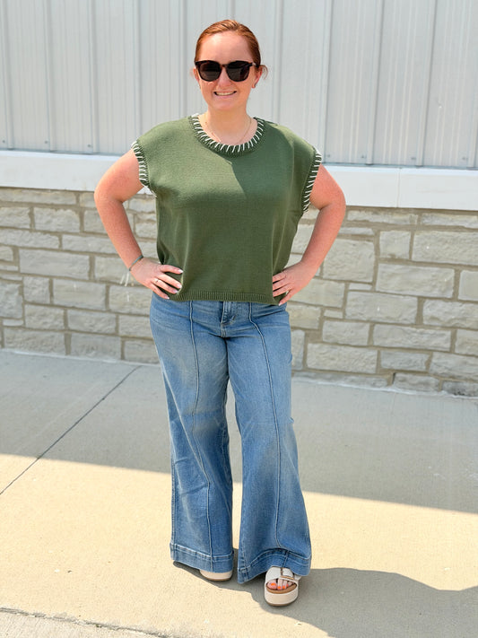 Army Green Stitched Edge Sweater Vest