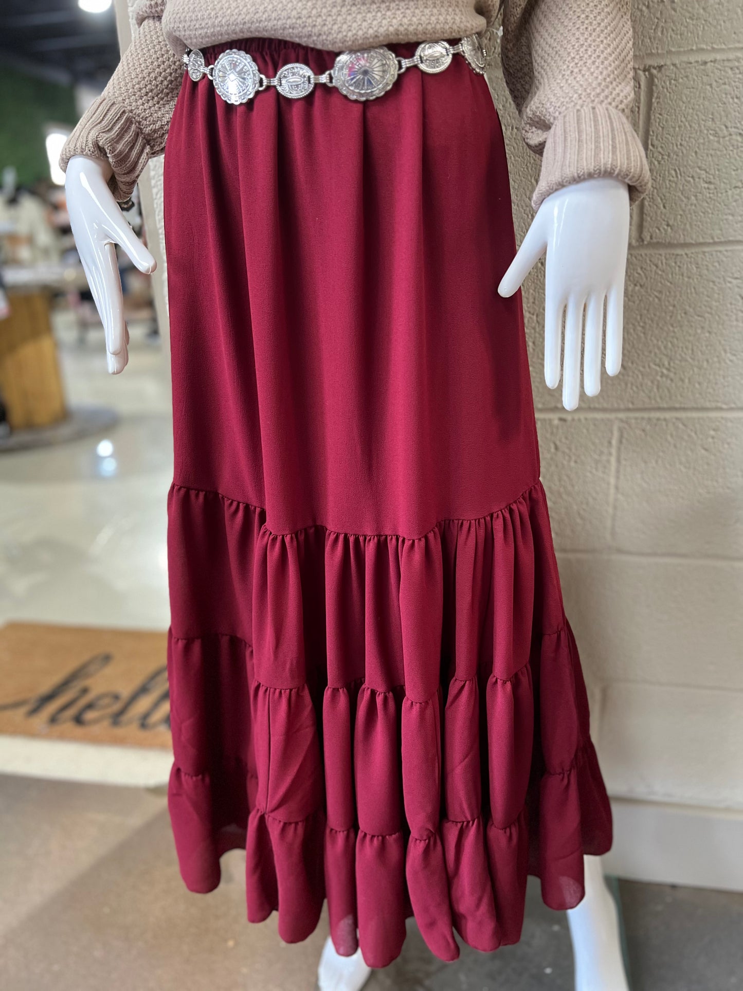 Burgundy Tiered Maxi Skirt