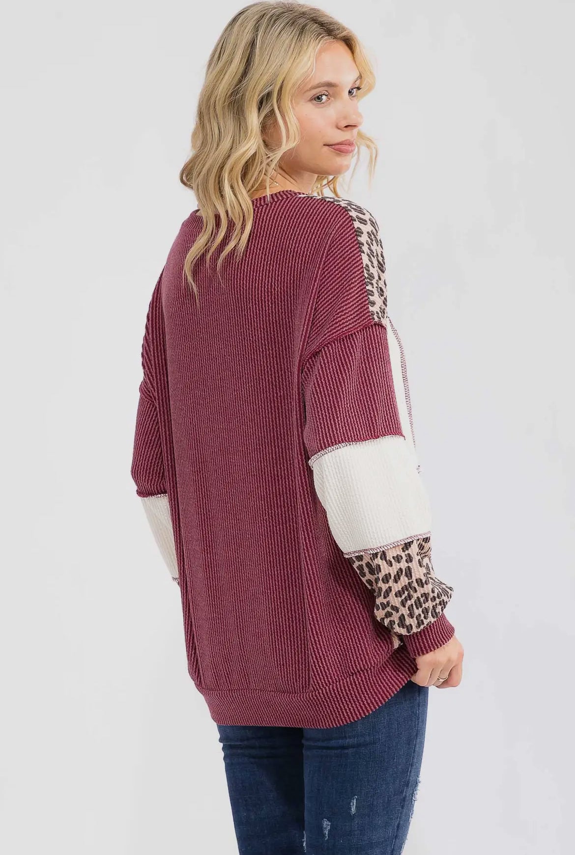 Burgundy + Cheetah Ribbed Colorblock Long Sleeve Top