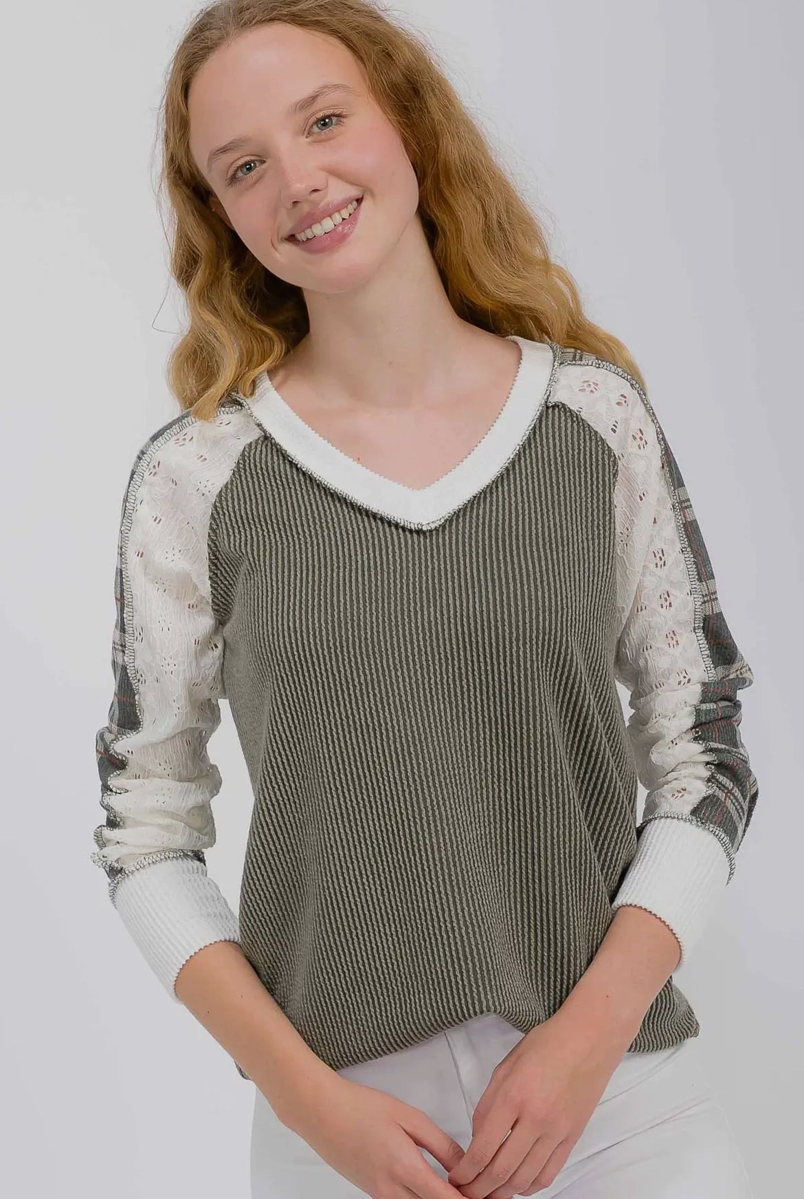 Olive + Plaid Ribbed Colorblock Long Sleeve Top