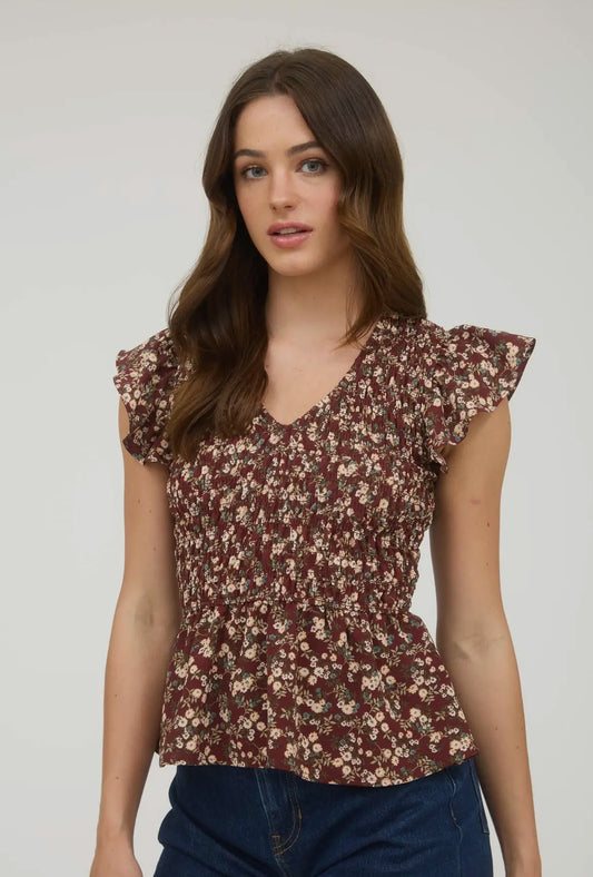 Dark Burgundy Floral Peplum Top