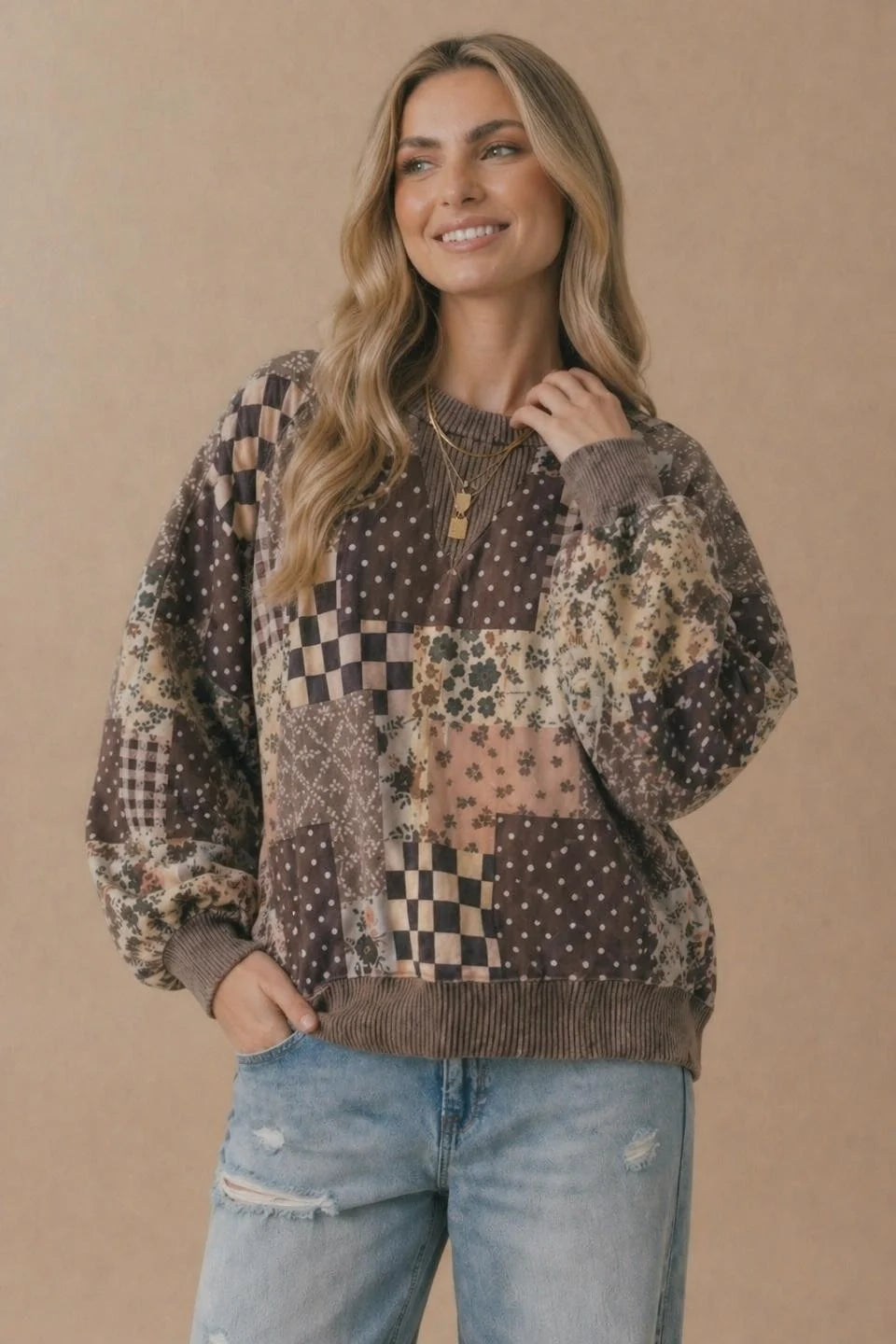 Brown Vintage Patchwork Crewneck Pullover