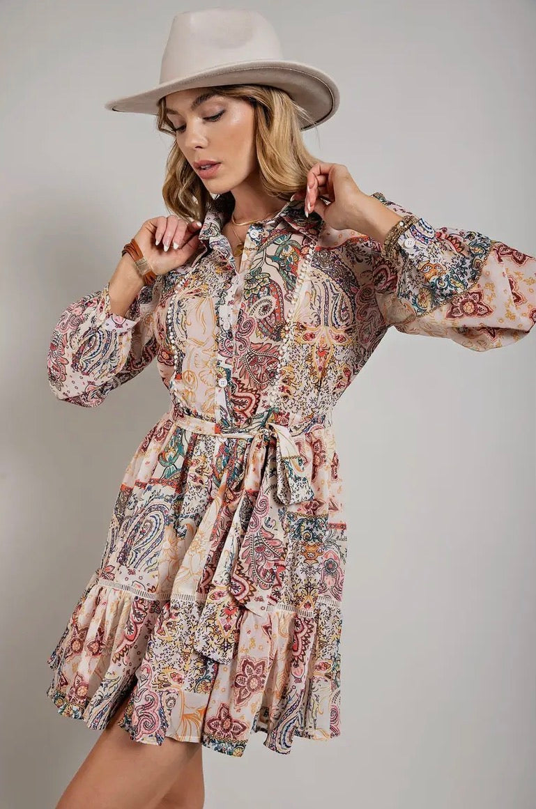 Pretty Paisley Long Sleeve Button Down Shirt Dress