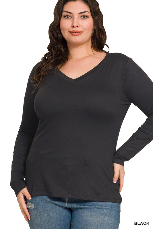 Black Microfiber V-Neck Long Sleeve Top
