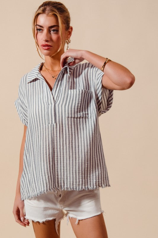 Denim Blue Stripe Cotton Top
