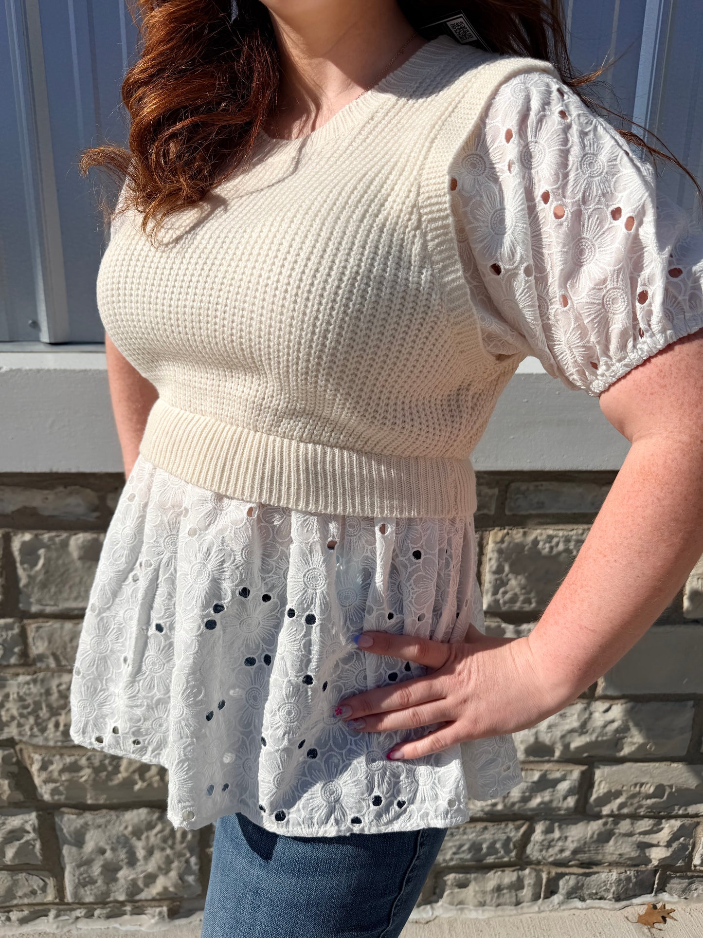 Cream + Ivory Round Neck Sweater Eyelet Layered Top