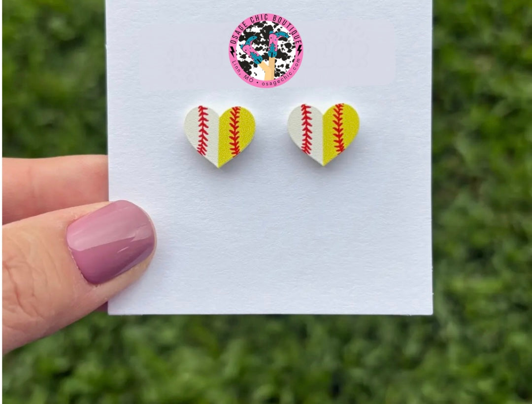 Baseball & Softball Combo Heart Stud Earrings