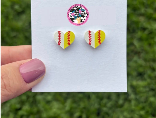 Baseball & Softball Combo Heart Stud Earrings
