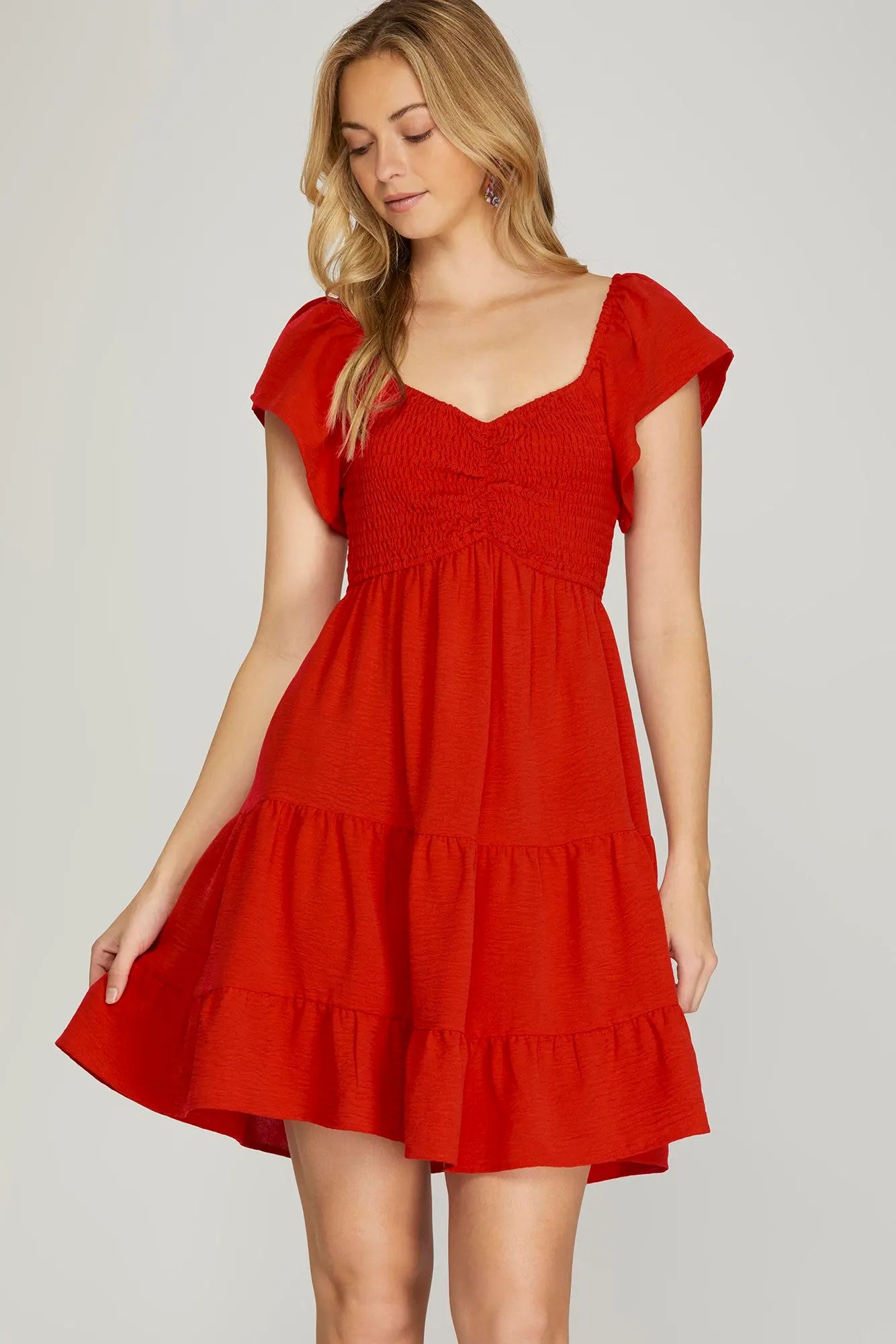 Red Sweetheart Flutter Sleeve Dress
