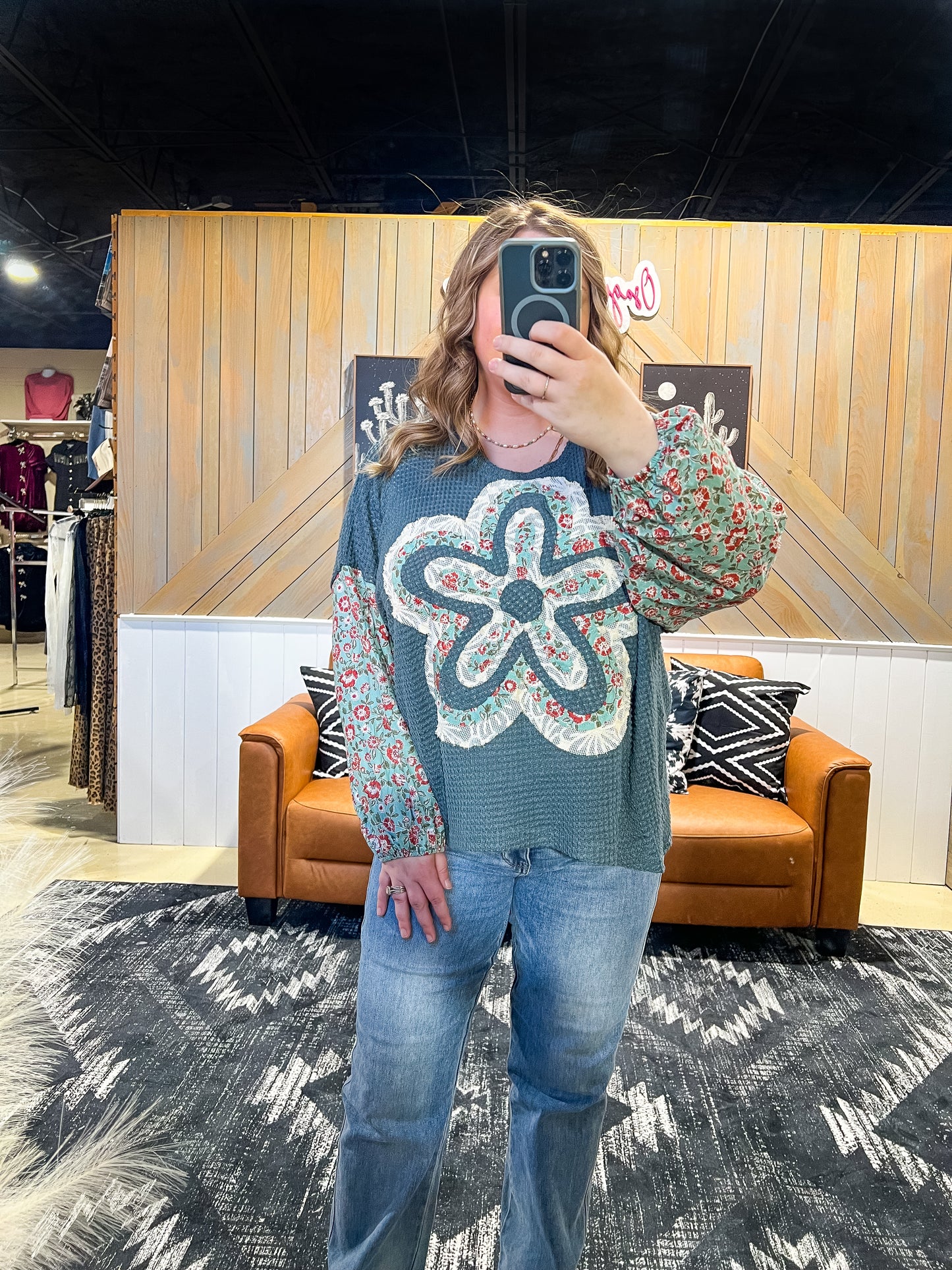 Dusty Teal Boho Flower Long Sleeve Top