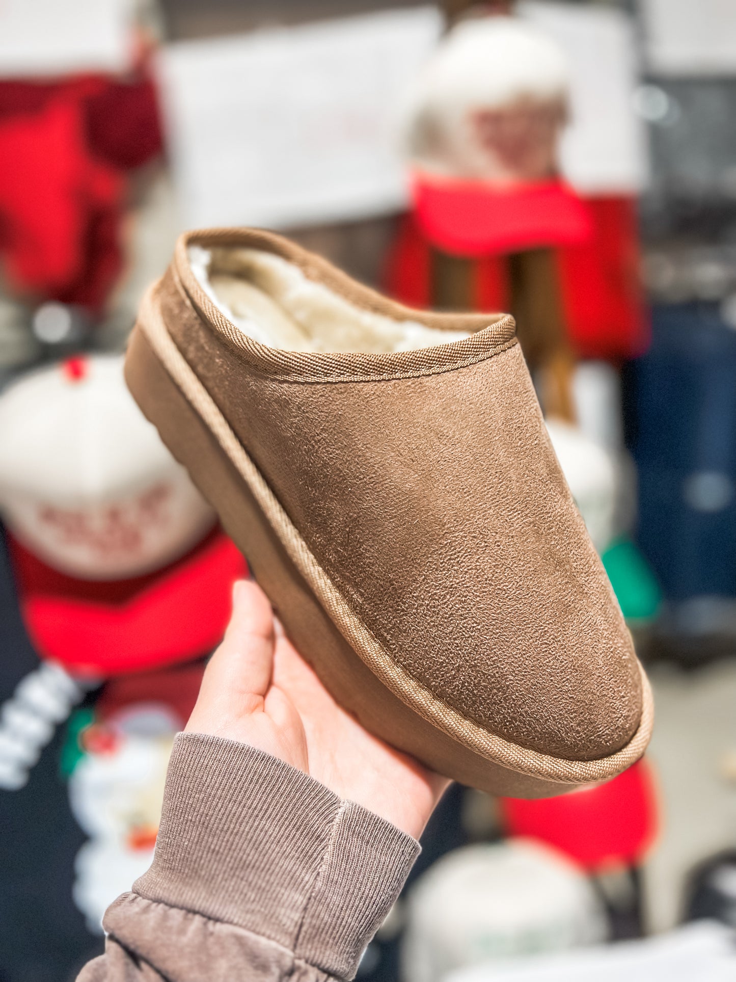 Taupe Sherpa Lined Platform Slide On Mules