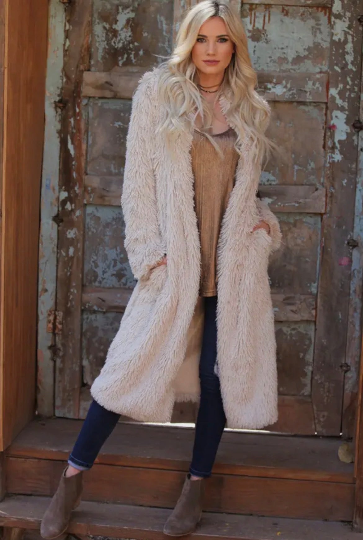 Cream Faux Fur Long Coat