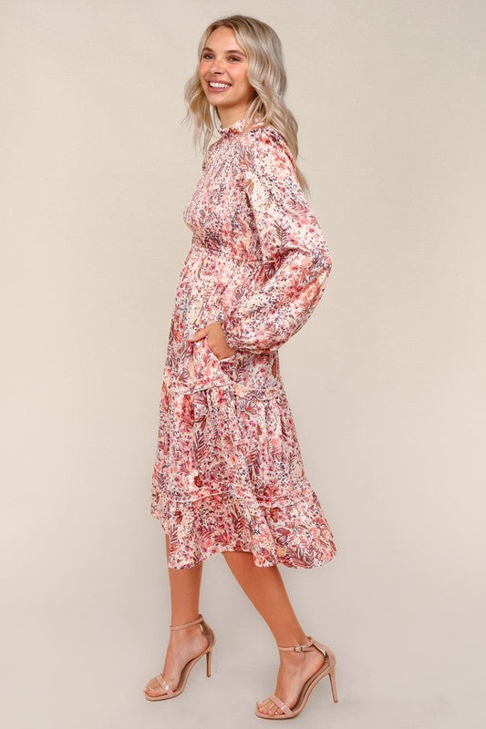 Marsala Satin Floral Smocked Midi Dress