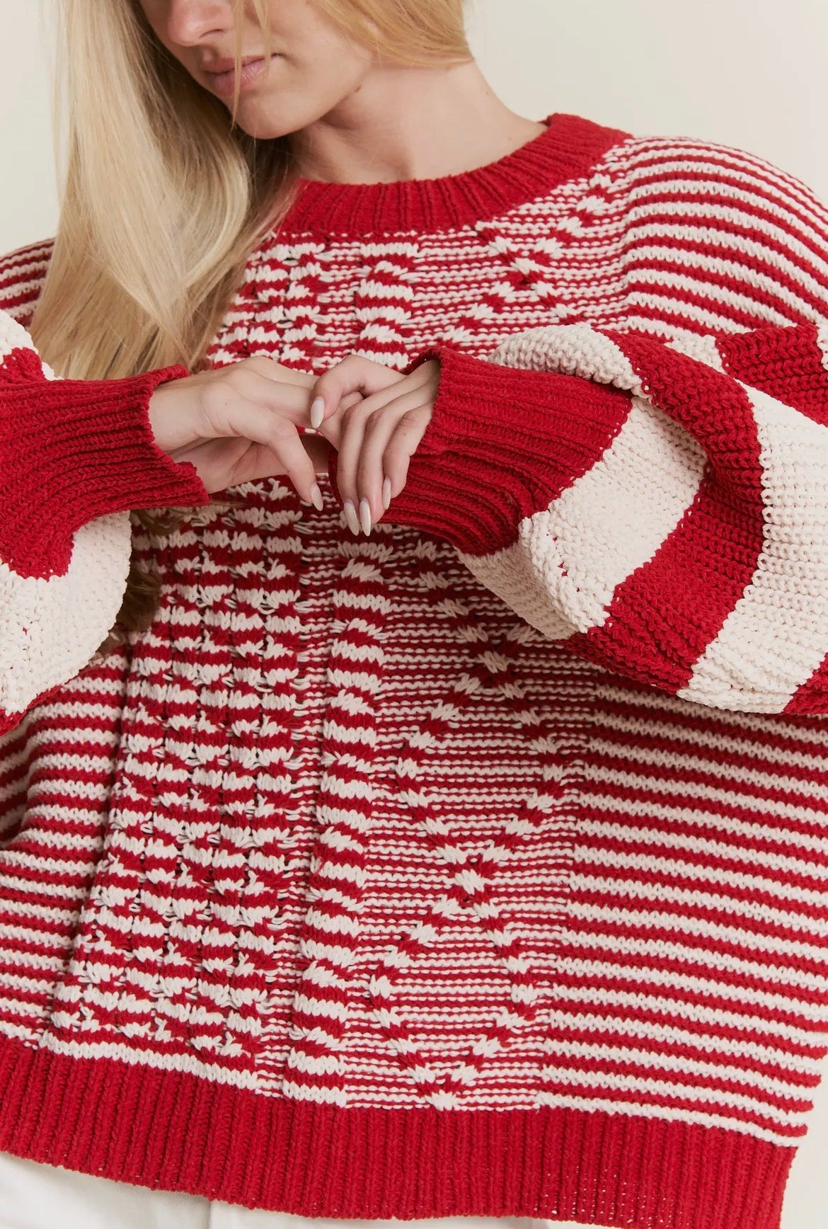 Red and White Stripe Crochet Sweater