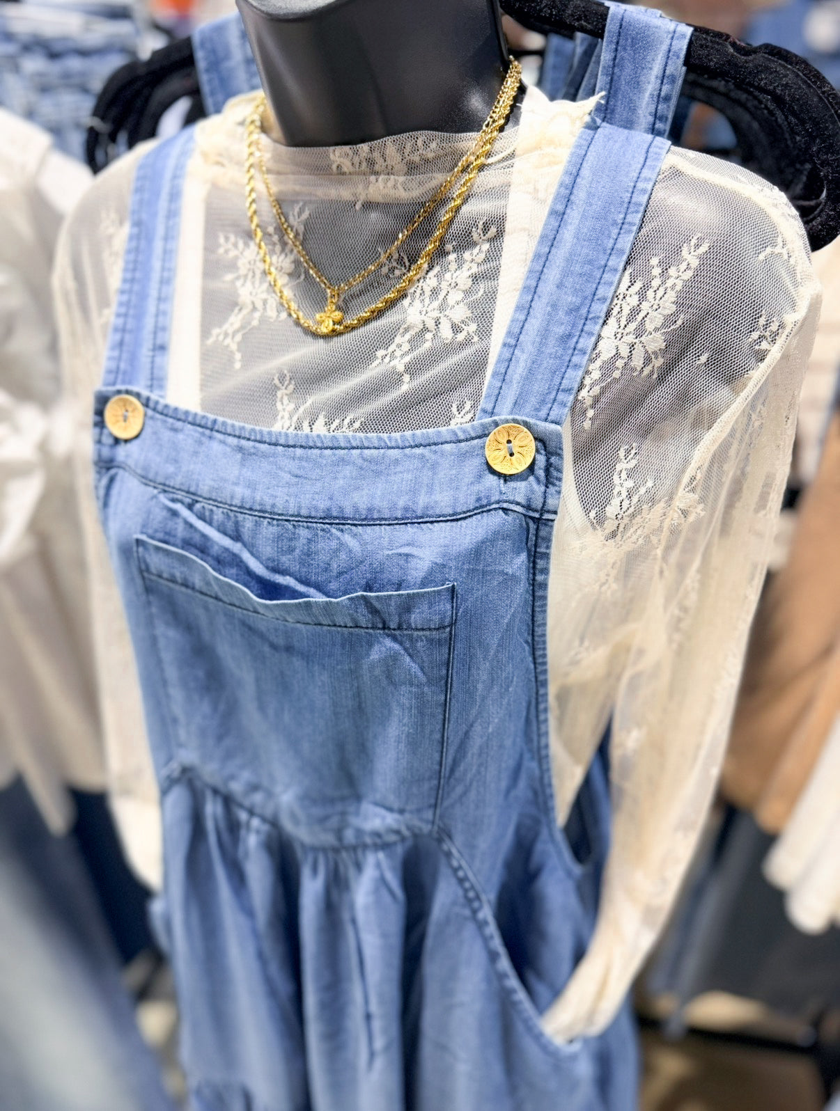 Denim Chambray Overall Tiered Dress