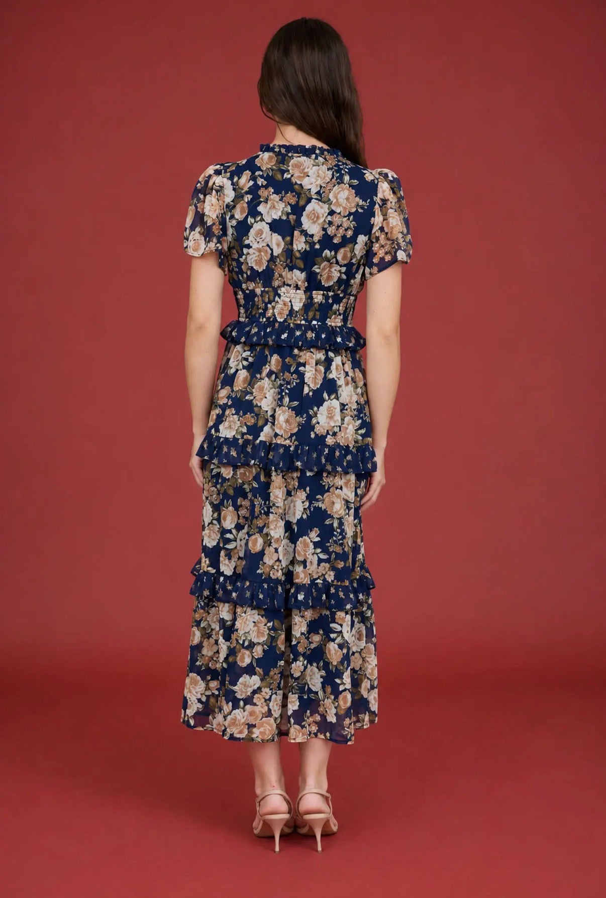 Navy Floral Tiered Midi Dress