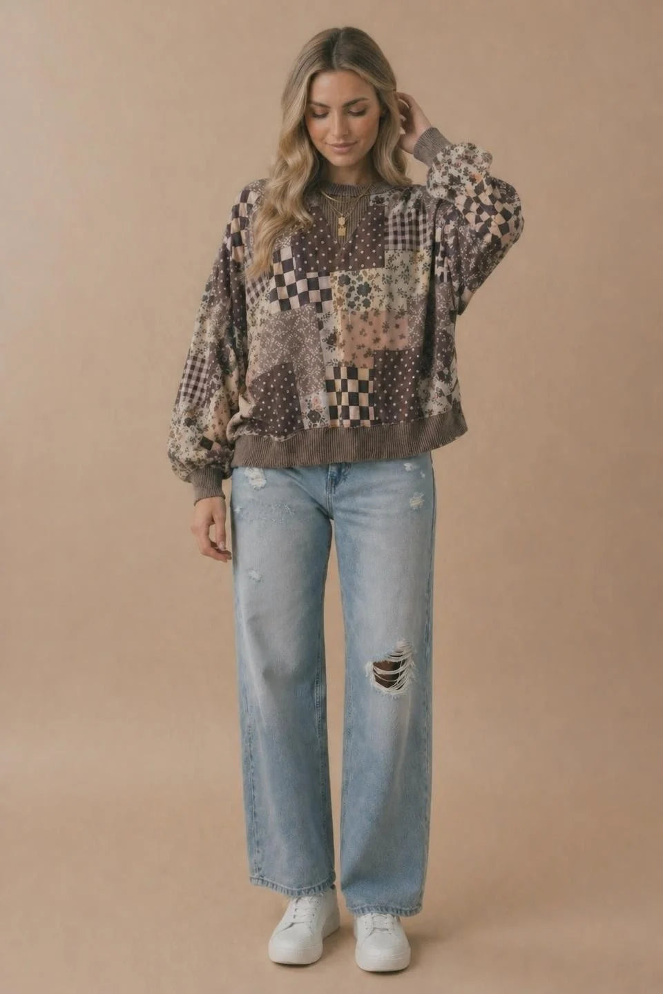 Brown Vintage Patchwork Crewneck Pullover