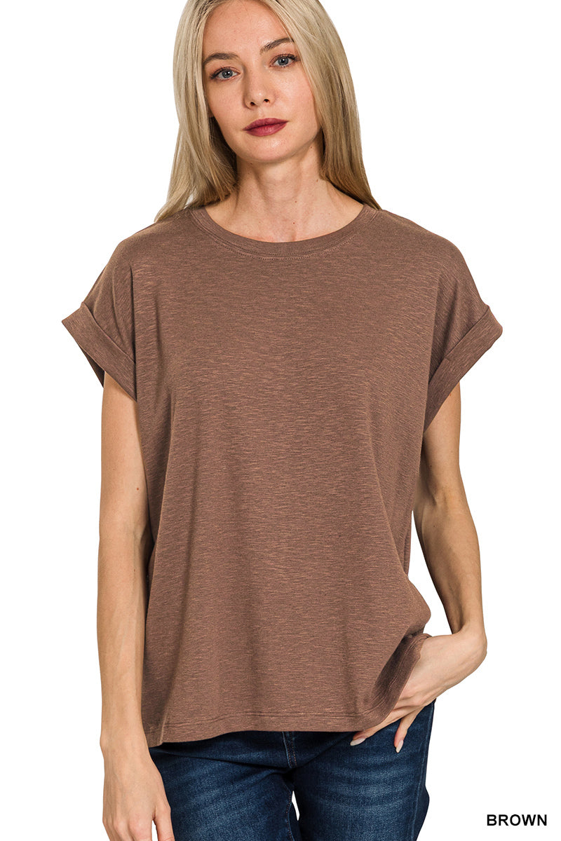 Brown Cotton Modal Rolled Sleeve Top