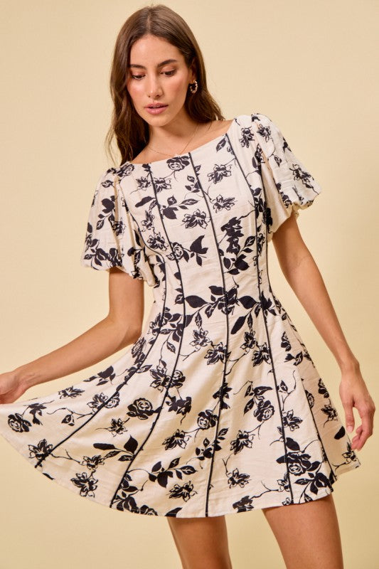 Ivory & Black Floral Fit & Flare Dress