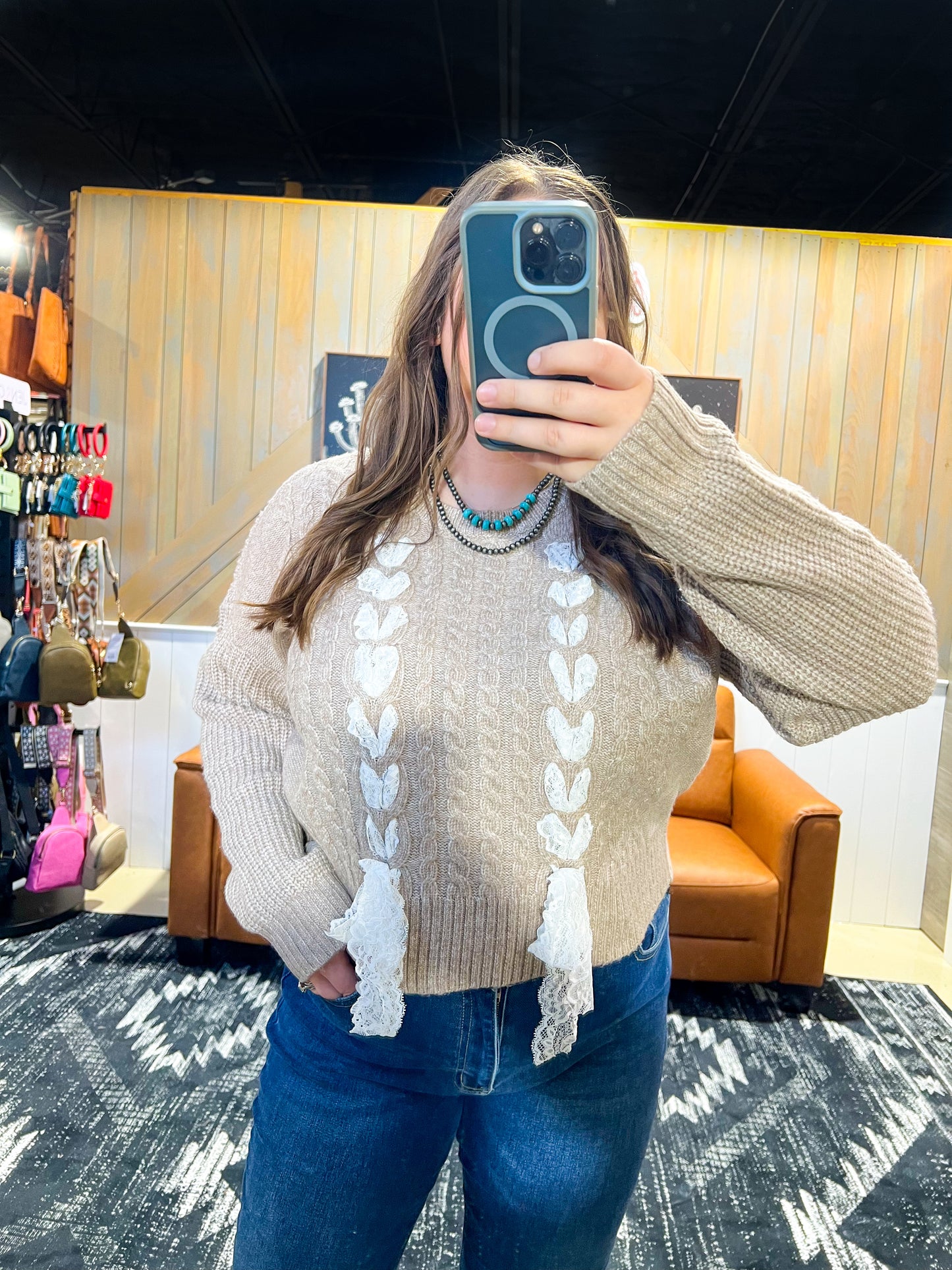 Taupe Lace Braid Bow Cable Knit Sweater