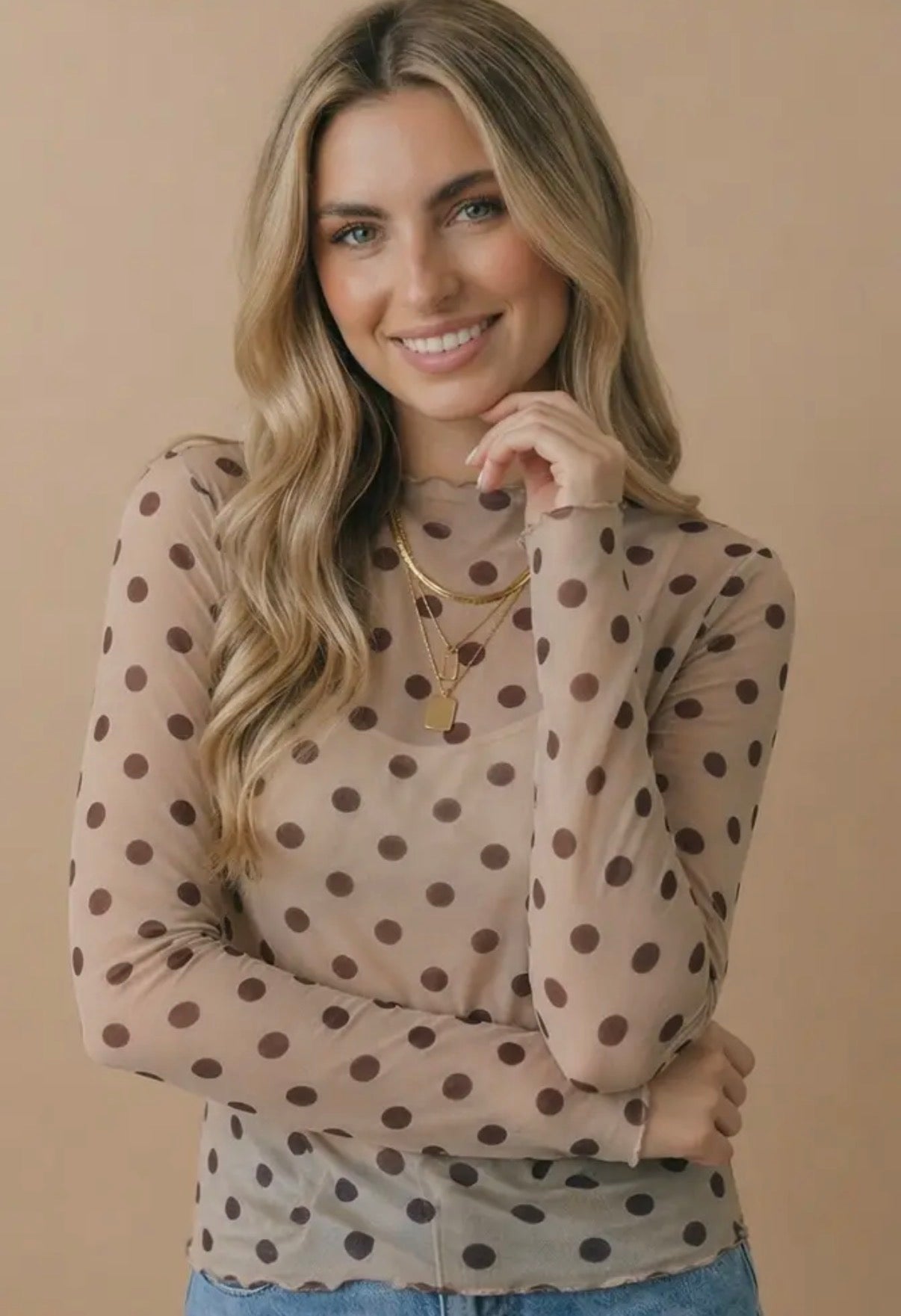 Taupe Polka Dot Mesh Long Sleeve Top