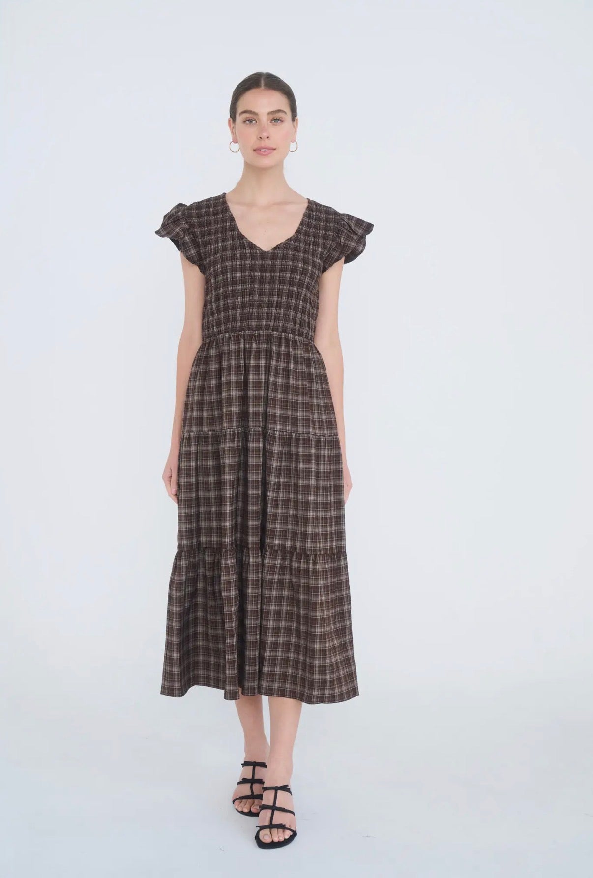 Brown Plaid Smocked Flutter Sleeve Dress
