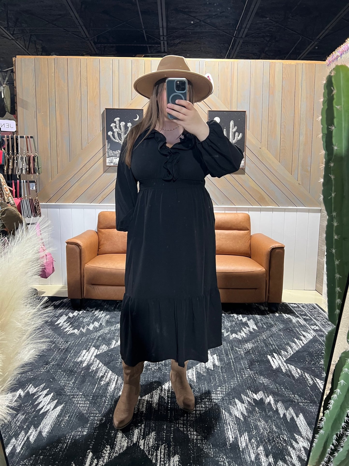 Black Ruffle V-Neck Long Sleeve Dress