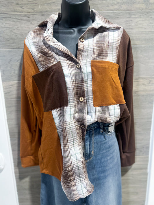 Coffee Plaid Color Block Shacket