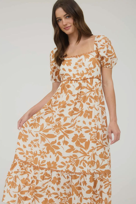 Burnt Orange Floral Midi Dress