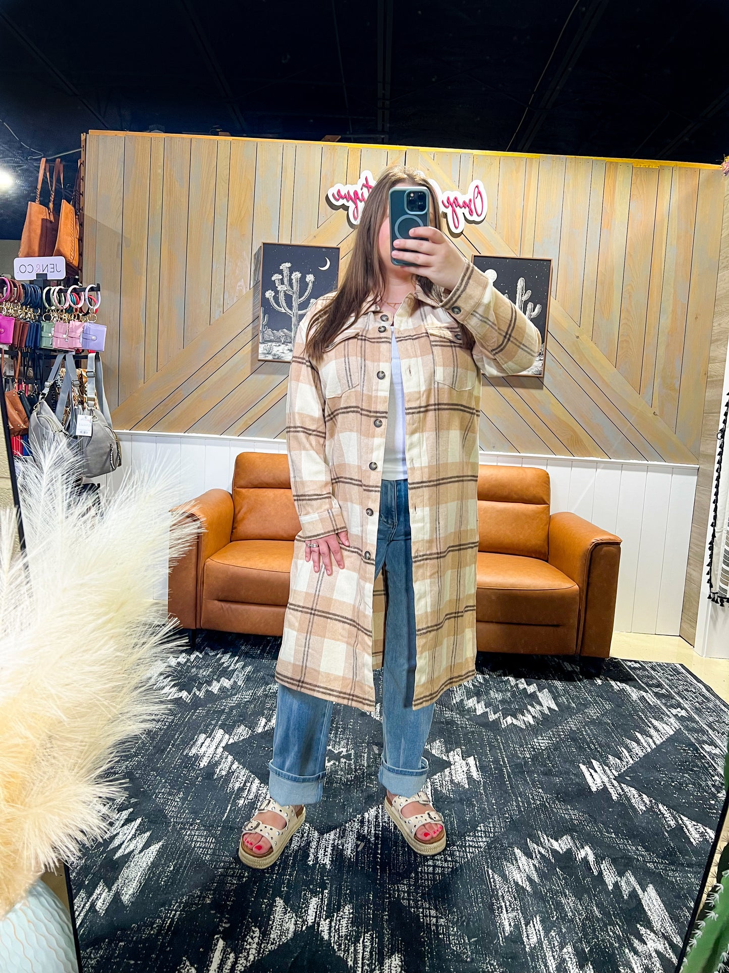 Tan Plaid Long Shacket