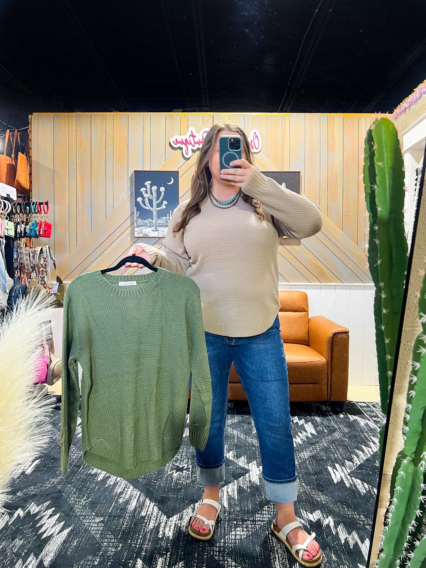 Light Olive Round Neck Waffle Knit Sweater