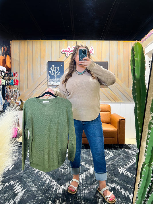 Light Olive Round Neck Waffle Knit Sweater