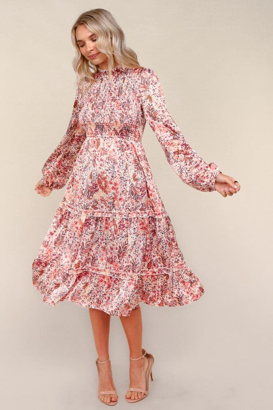 Marsala Satin Floral Smocked Midi Dress