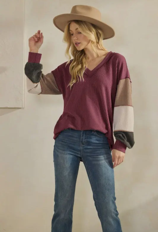 Burgundy Ribbed V-Neck Colorblock Long Sleeve Top