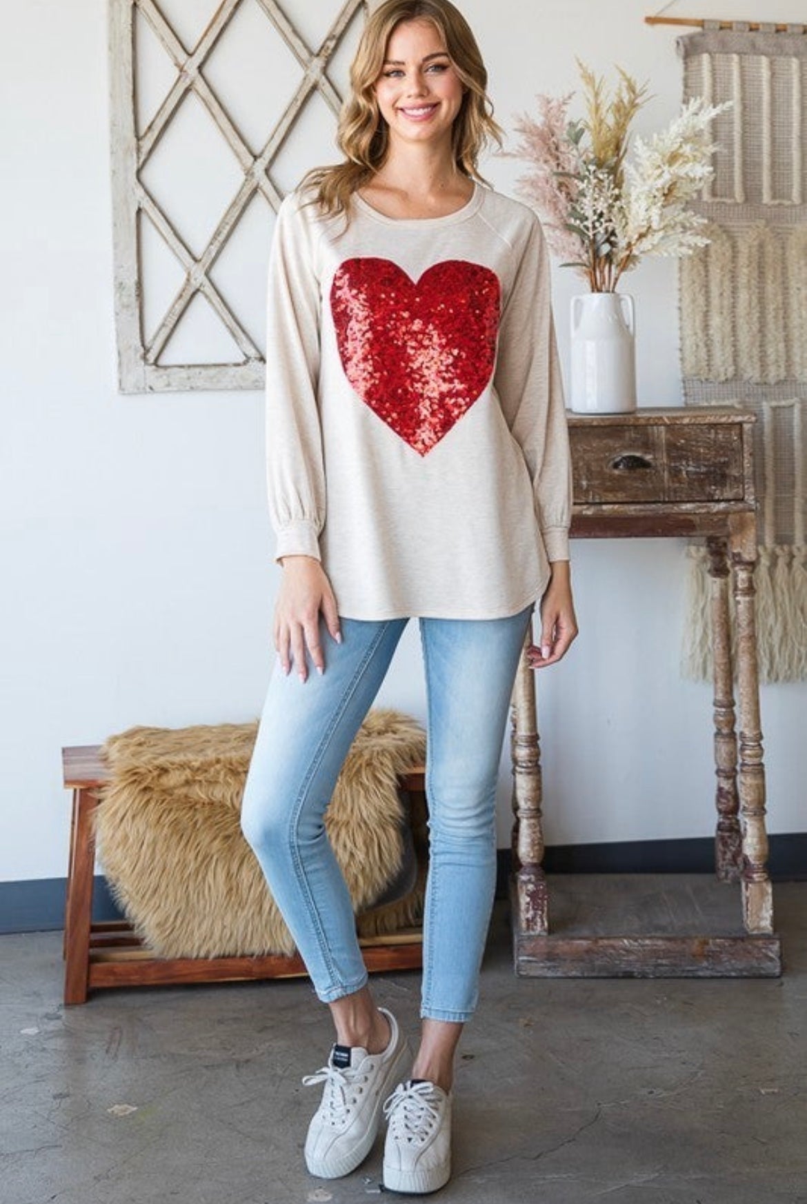 Oatmeal Sequin Heart Long Sleeve Top