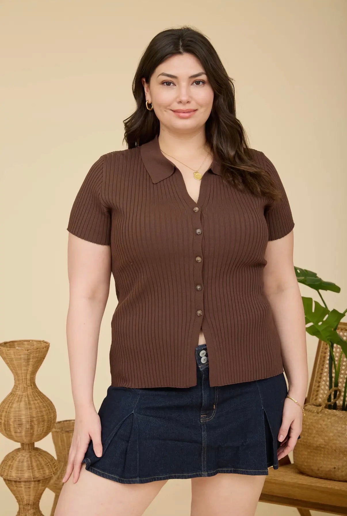 Brown Ribbed Collared Short Sleeve Top
