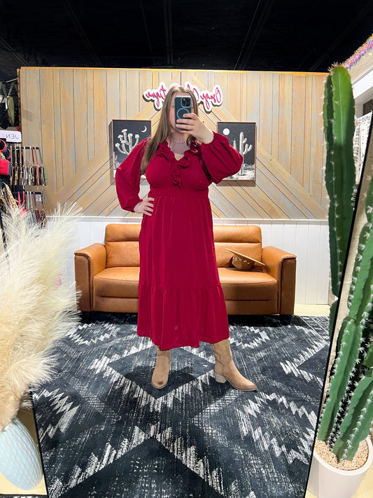 Burgundy Ruffle V-Neck Long Sleeve Dress