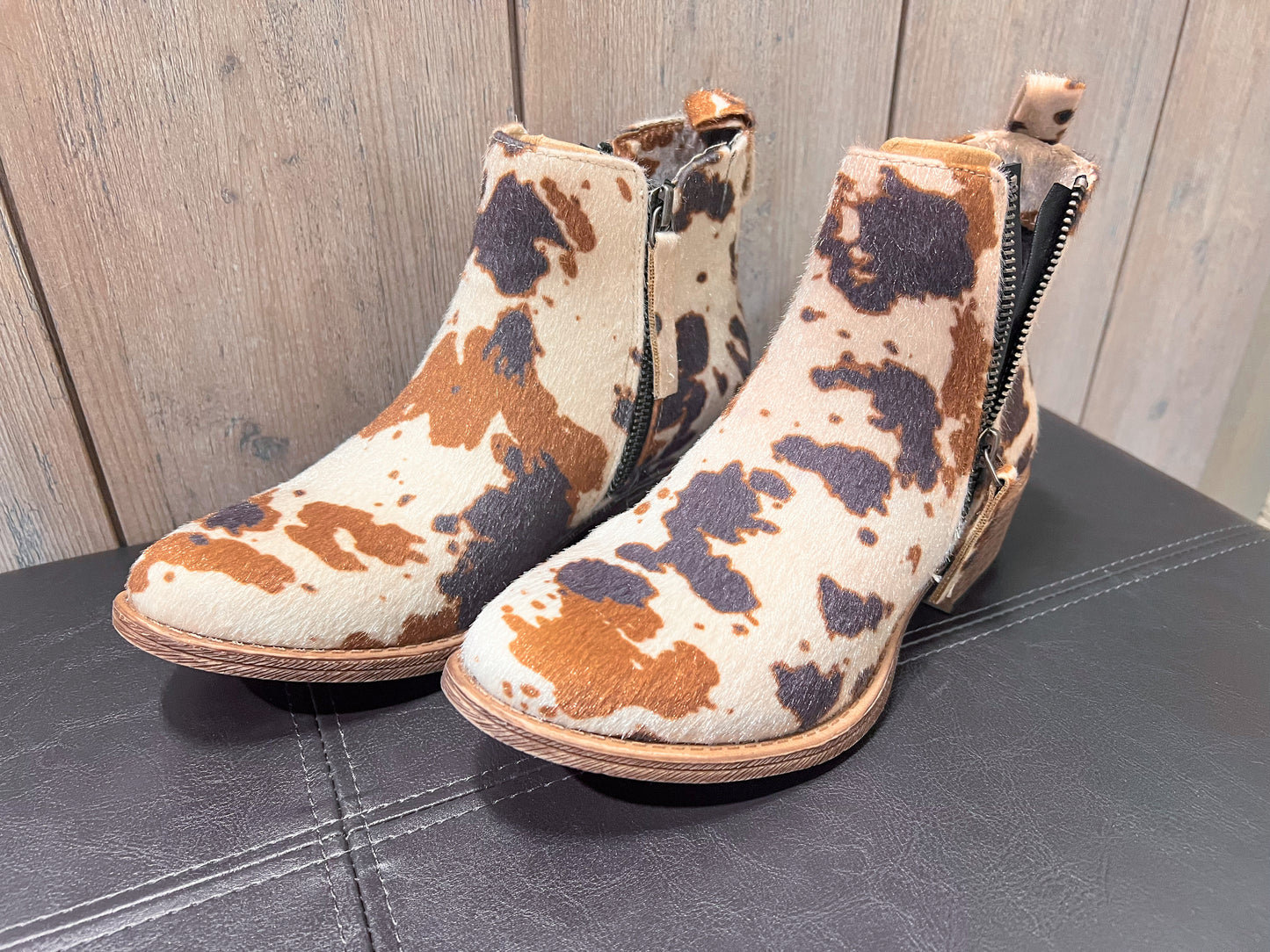 Very G Chisel Cow Print Booties
