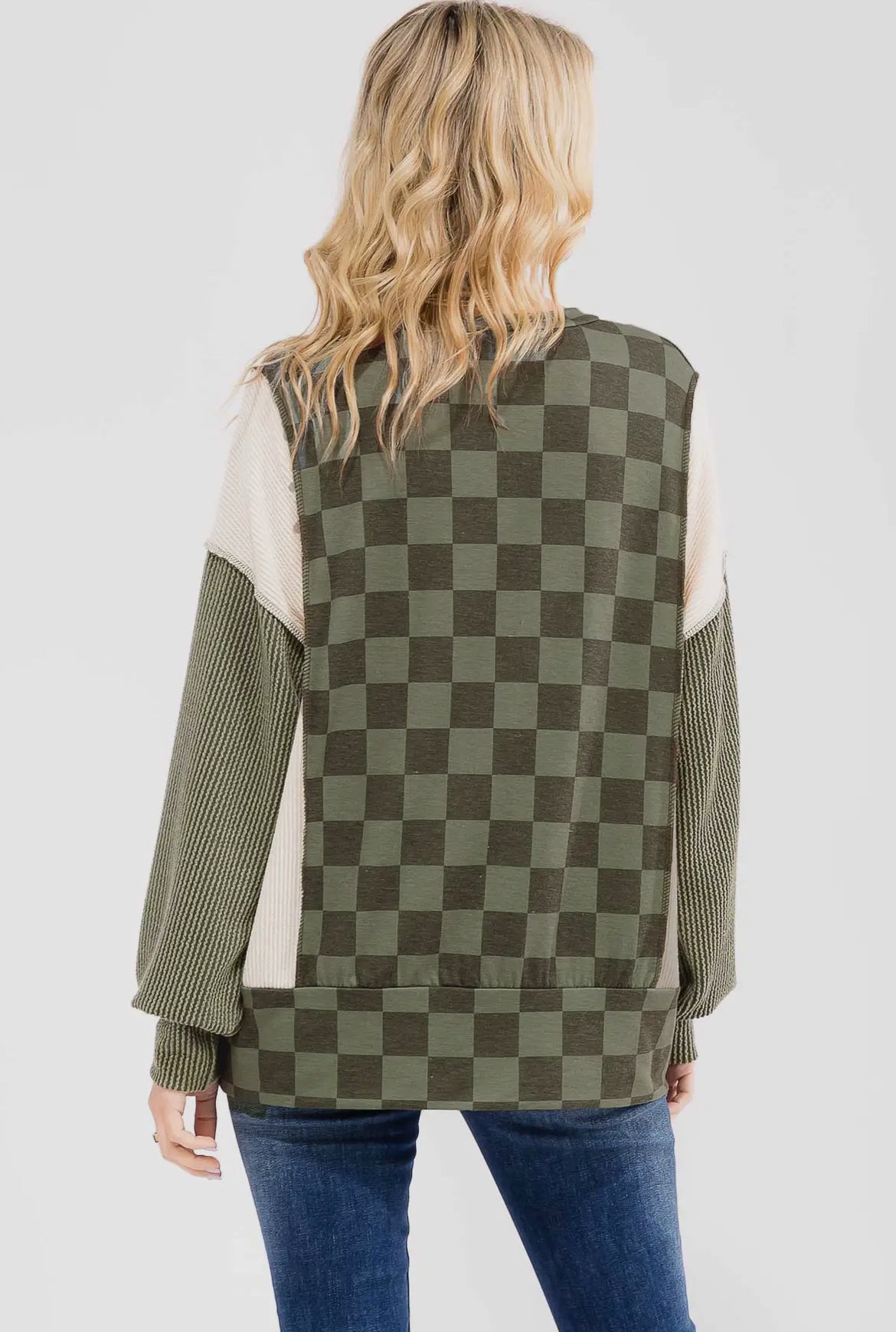 Olive Checkered Ribbed Colorblock Long Sleeve Top