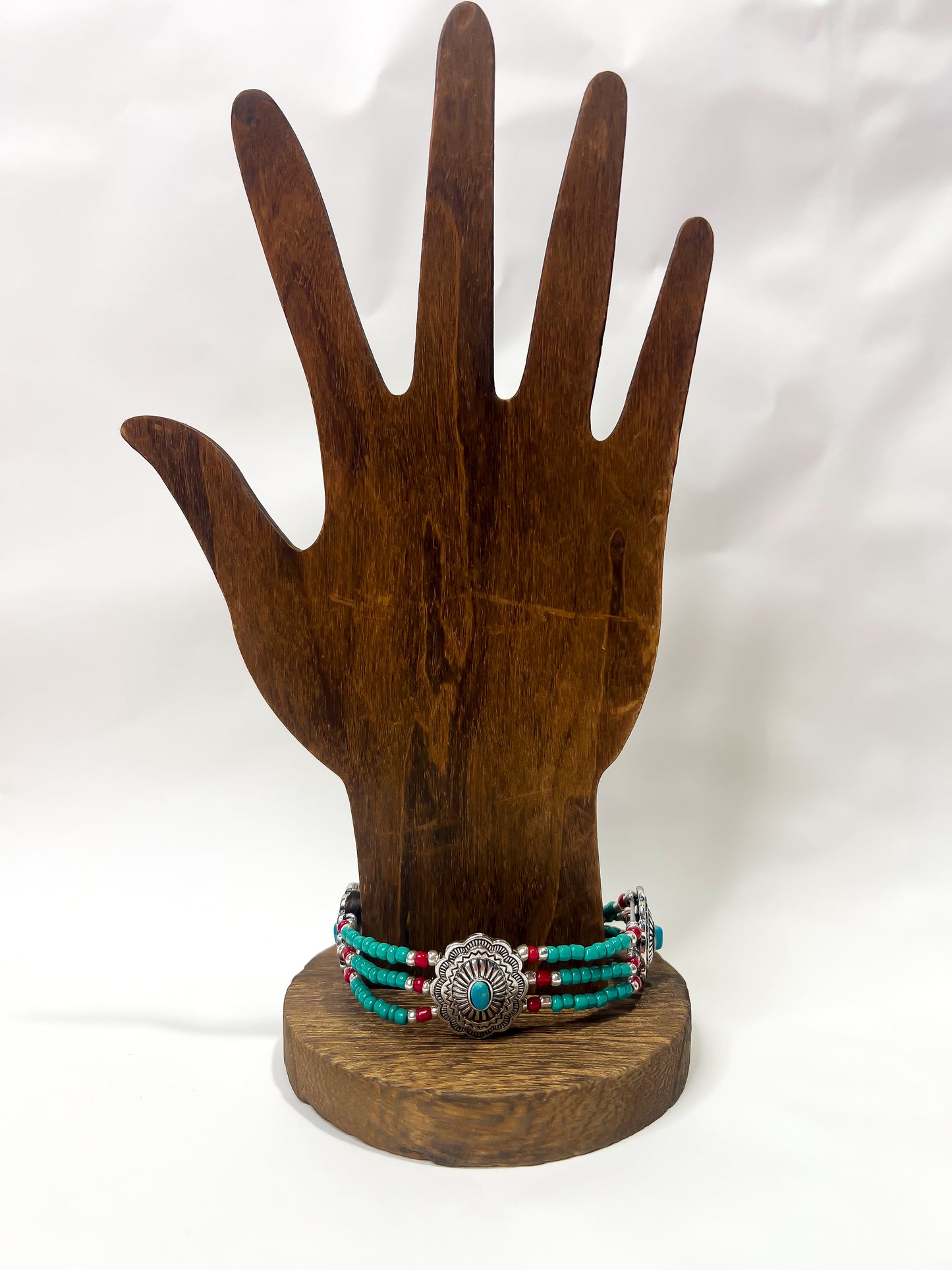 Turquoise + Red Beaded Concho Bracelet