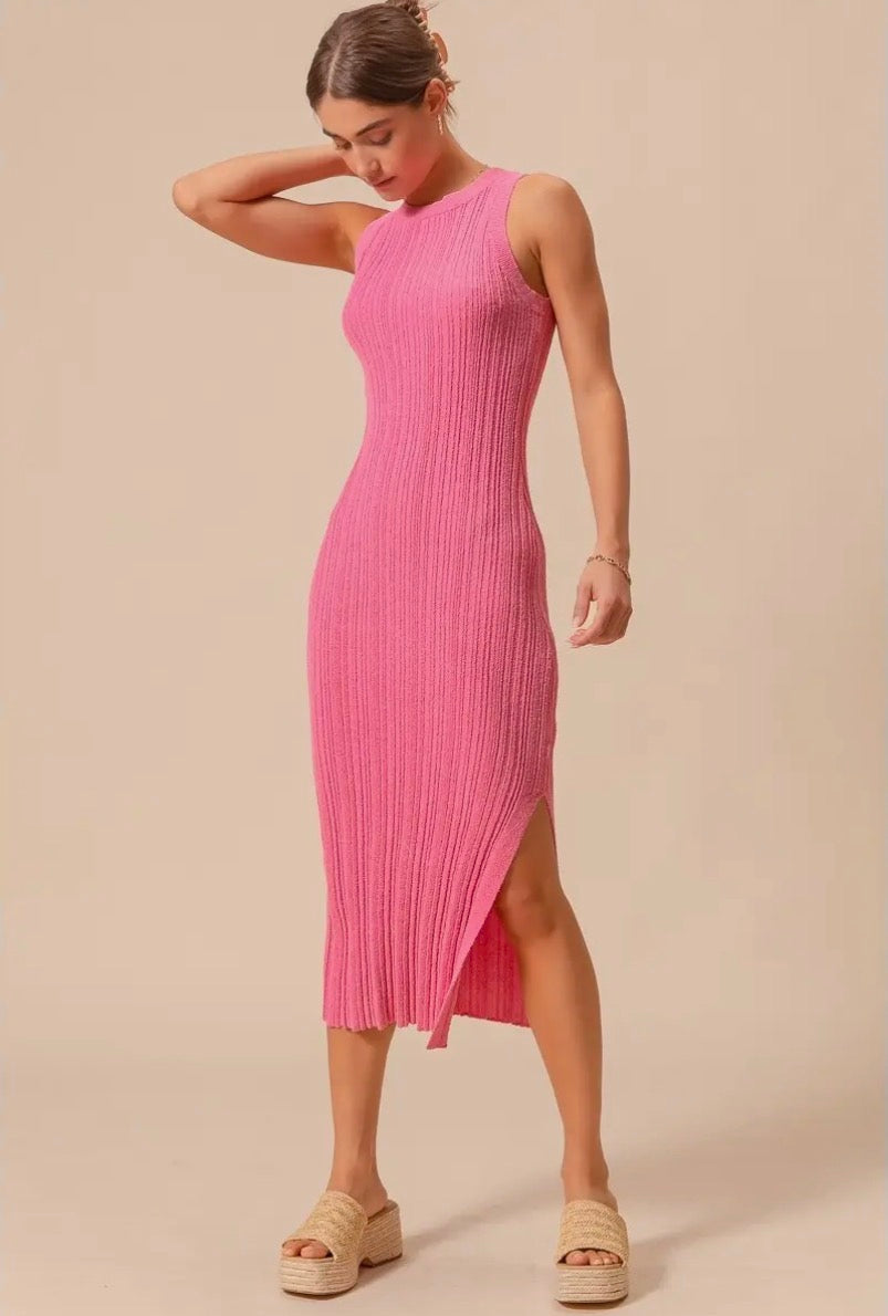 Pink Ribbed Knit Midi Dress