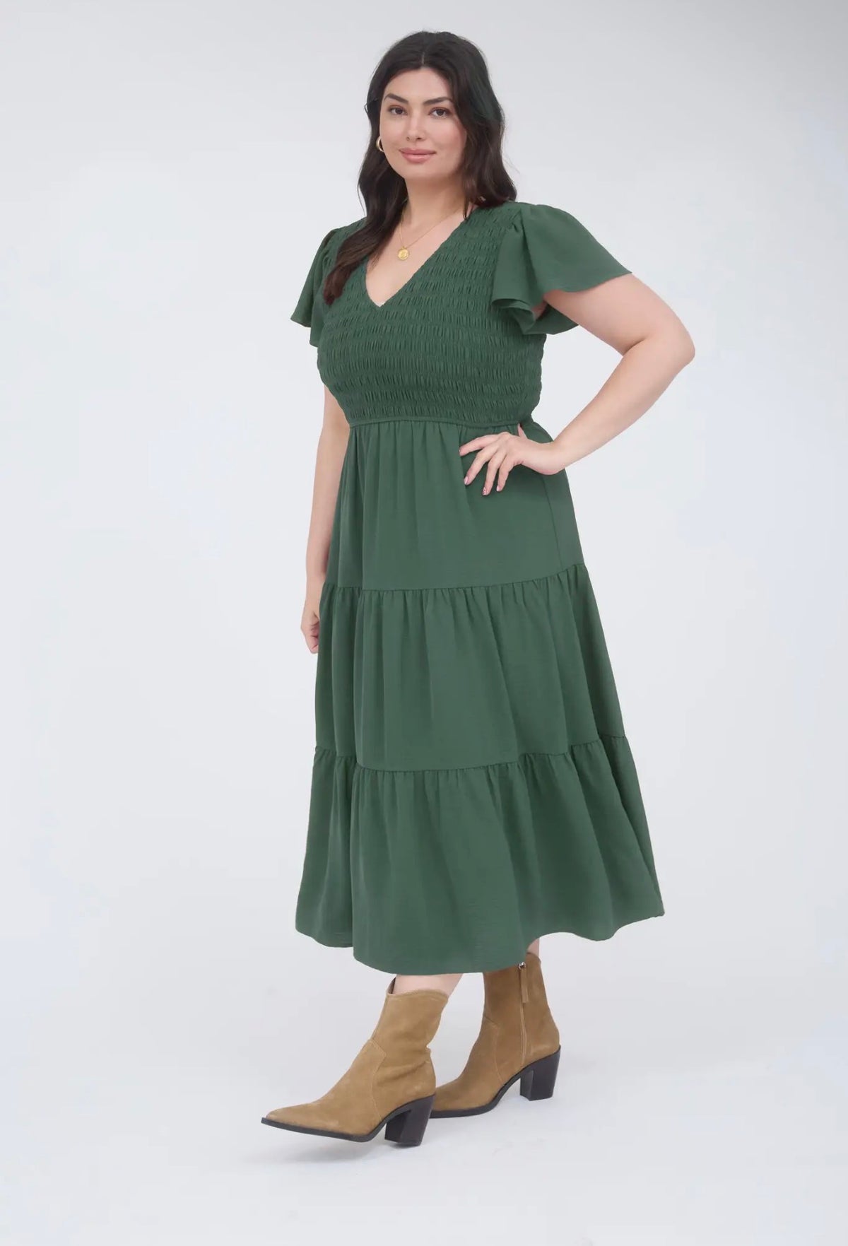 Pine Smocked Flutter Sleeve Midi Dress
