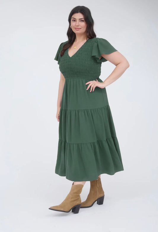 Pine Smocked Flutter Sleeve Midi Dress