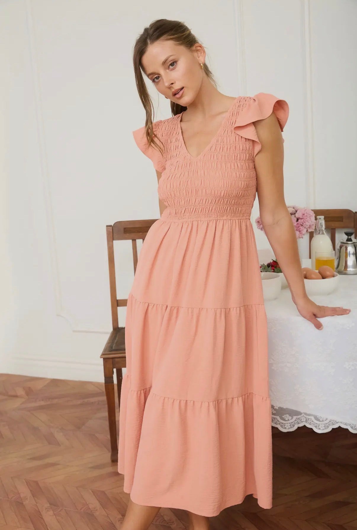 2XL Peach Smocked Flutter Sleeve Midi Dress