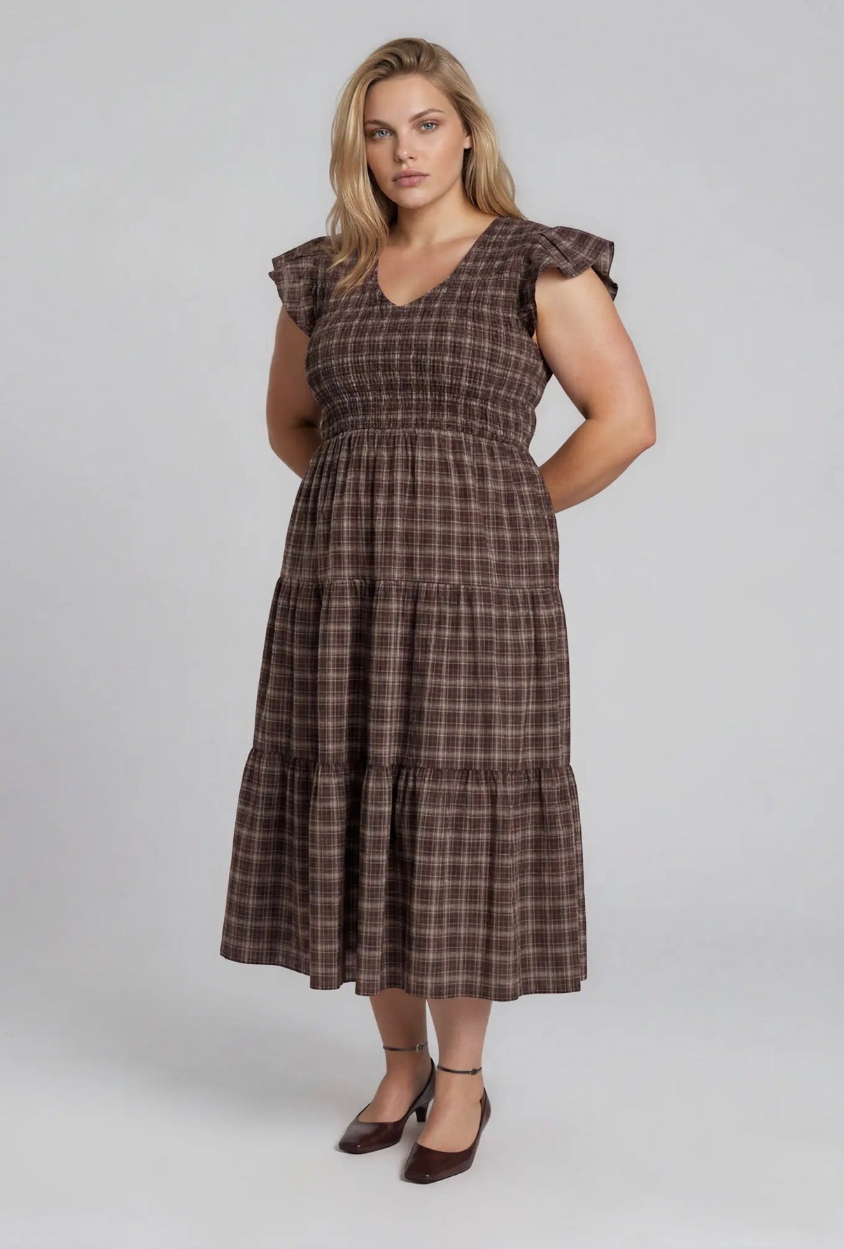 Brown Plaid Smocked Flutter Sleeve Dress