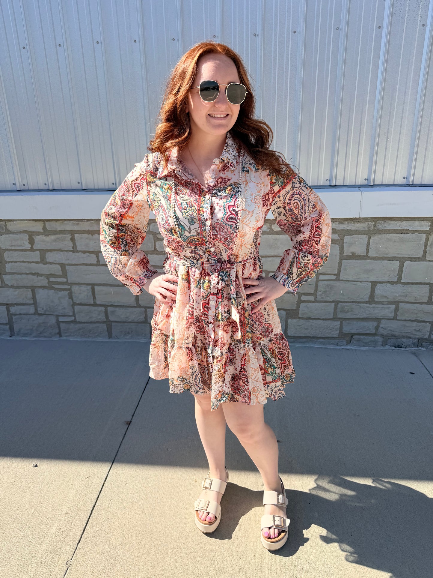 Pretty Paisley Long Sleeve Button Down Shirt Dress